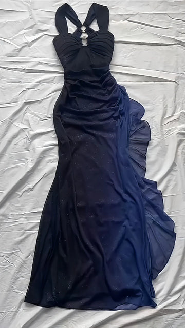 Niulatu dresses under $160||Elegant Gradient Navy Blue Sheath Spaghetti Straps Sparkling Chiffon Prom Dress for Party HZ1026